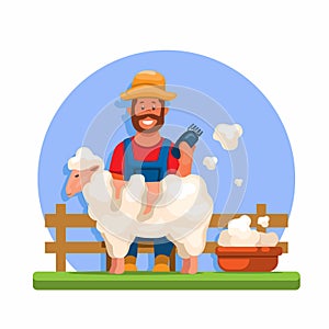 Farmer shave sheep, sheep shearing cartoon illustration vector