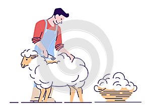 Farmer shearing sheep flat vector character. Wool production. Livestock farming, animal husbandry concept with outline
