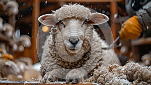 Farmer shearing sheep scissors farm during winter. Craftsmanship, agriculture. Wool producing