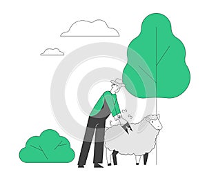 Farmer Shearing Sheep for Wool in Barn. Sheepshearer Character at Working Process on Farm. Shearer Man