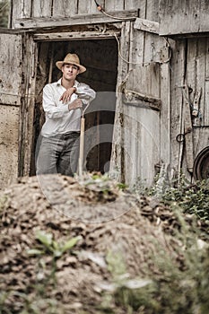 Farmer Shoveling the Horse Manure