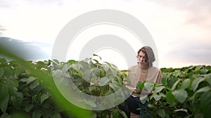 farmer sitting through the field. business farming and irrigation concept. a male farmer in a beige T-shirt sitting