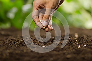 Farmer sowing seeds on healthy soil grow vegetable