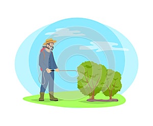 Farmer Spray Chemicals on Plants Cartoon Icon