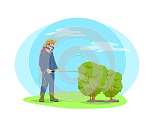 Farmer Spray Chemicals on Plants Cartoon Icon photo