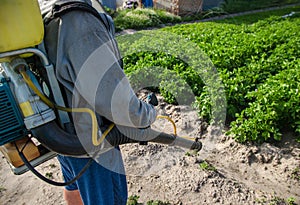 Farmer with a spray machine on potato plantation background. Fungicide and pesticide use for protection of cultivated plants from