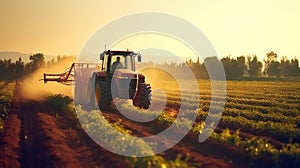 farmer spraying field of vegetables with tractor. Generative Ai