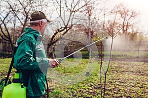 Farmer spraying tree with manual pesticide sprayer against insects in spring garden. Agriculture and gardening