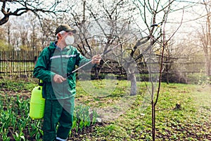 Farmer spraying tree with manual pesticide sprayer against insects in spring garden. Agriculture and gardening