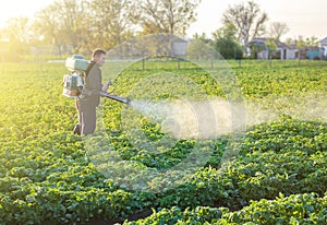 A farmer sprays a solution of copper sulfate on plants of potato bushes. Use chemicals in agriculture. Agriculture and