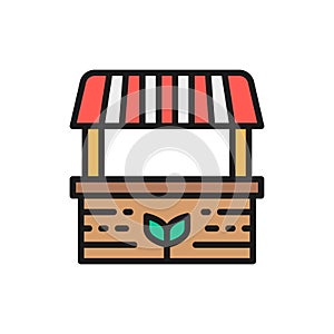 Farmer stall, food market, striped awning flat color line icon.