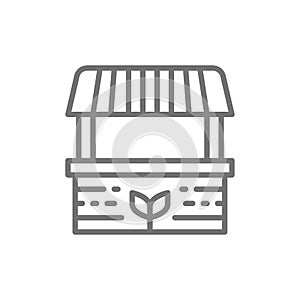 Farmer stall, food market, striped awning line icon.