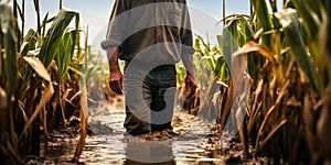 Farmer standing in a flooded cornfield, reflecting on climate change's impact on agriculture