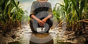 Farmer standing in a flooded cornfield reflecting on climate changes impact on agriculture food security and rural economy