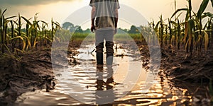 Farmer standing in a flooded cornfield reflecting on climate changes impact on agriculture food security and rural economy