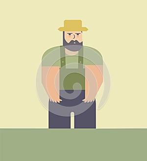 Farmer standing with hands on hips, wearing hat and overalls, serious expression. Vector depiction of agricultural