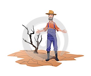 A farmer standing next to a dried dead tree. Concept on the theme of drought, global warming, lack of water for