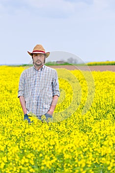 Farmer Standing in Oilseed Rapeseed Cultivated Agricultural Field photo