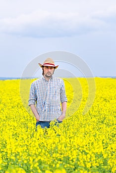 Farmer Standing in Oilseed Rapeseed Cultivated Agricultural Field