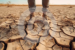 Farmer standing on parched landscape.