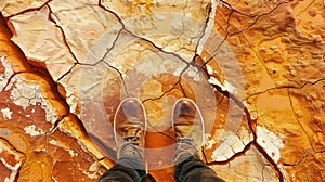 Farmer standing on parched landscape.