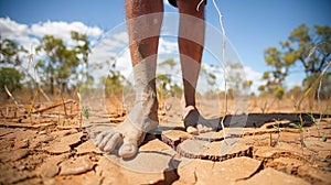 Farmer standing on parched landscape.