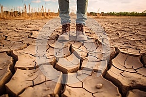 Farmer standing on parched landscape. Disaster and crop failure.