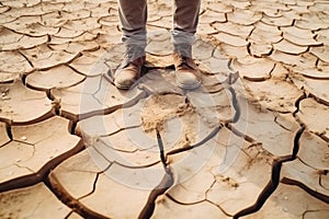 Farmer standing on parched landscape. Drought, disaster and crop failure.