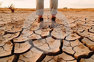 Farmer standing on parched landscape. Drought, disaster and crop failure.