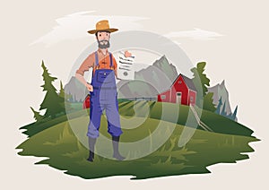 The farmer stands on the farm and holds a paper document. Private ownership or insurance. Vector illustration,