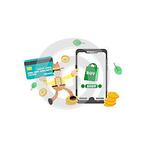 farmer and store online shop credit card payment cartoon flat design illustration