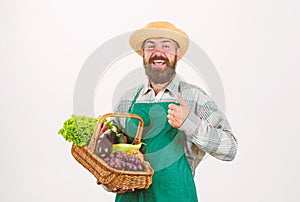 Farmer straw hat hold eggplant and basket vegetables. Fresh organic vegetables wicker basket. Man bearded presenting