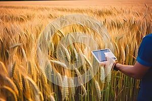 Farmer with a tablet computer in front of a sunset agricultural landscape. Neural network AI generated