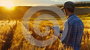 Farmer with a Tablet in Field. AI generated