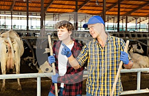 Farmer talking to teenage son while working at livestock farm