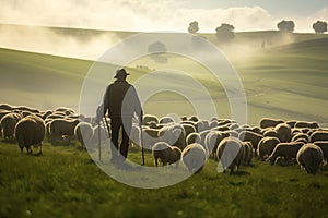 Farmer tending sheep herd in misty green valley. Generative AI