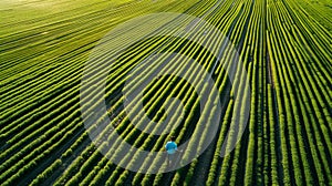 A farmer tending to his fields which are not filled with traditional crops but rather rows upon rows of microalgae. The
