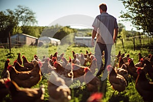 farmer tends to free-range chickens in a green, earth-friendly farming ambiance