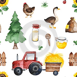 Farmer texture with tree,honey,tractor,goose,chicken