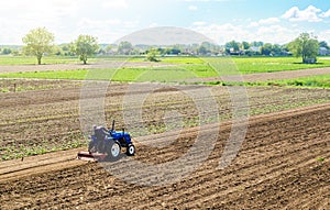 A farmer on a tractor cultivates a farm field. Field preparation for new crop planting. Cultivation equipment. Grinding and