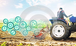 Farmer on a tractor cultivates a farm field and technological innovation gears hologram. Science of agronomy. Farming and
