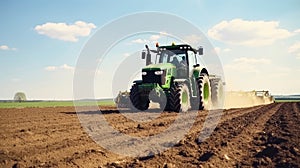 Farmer in tractor preparing land with seedbed cultivator as part of pre seeding activities in early spring season of agricultural