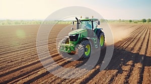 Farmer in tractor preparing land with seedbed cultivator as part of pre seeding activities in early spring season of agricultural