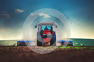 Farmer in tractor preparing land with seedbed cultivator and feeding storks