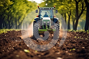 Farmer in tractor preparing land with seedbed cultivator at spring, selective focus