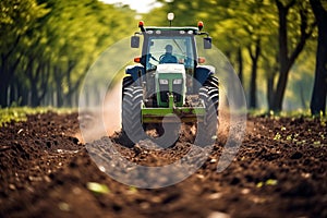 Farmer in tractor preparing land with seedbed cultivator at spring, selective focus photo