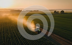 Farmer on a tractor spraying pesticides on a green soybean plantation at sunset