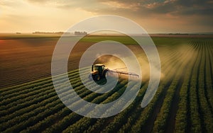 Farmer on a tractor spraying pesticides on a green soybean plantation at sunset