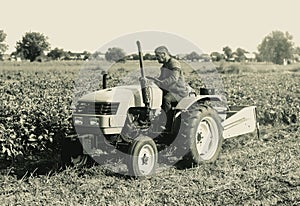 A farmer on a tractor is working on a farm field. Agroindustry and agribusiness. Agricultural sector of the economy. Plant food