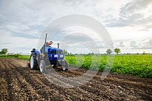 Farmer with tractor working in the field. Milling soil, crushing and loosening ground before cutting rows. Preparatory earthworks